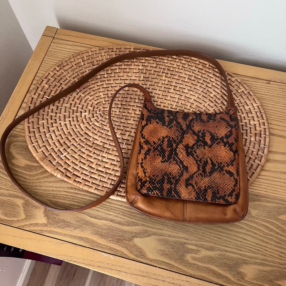 VTG Fossil Crossbody Bag Reptile Snakeskin Print Leather Maddox Tan Beige Brown